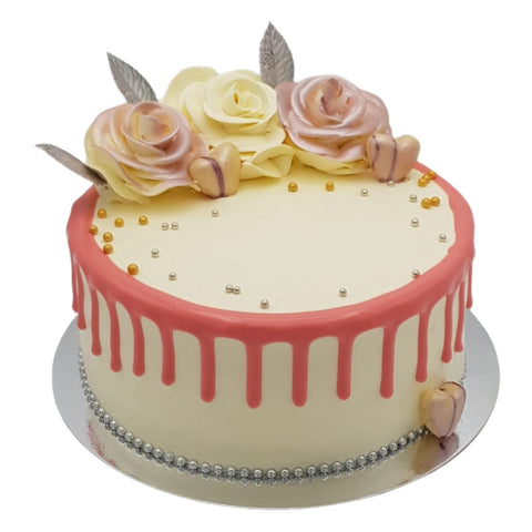 Fancy Pink Drip and Flower Cake