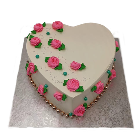 White Heart with Unique Pink Flower Cake