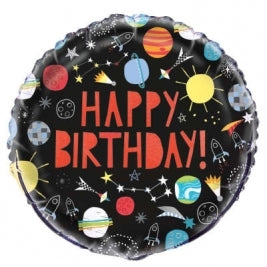 Outer Space Happy Birthday Round Foil Balloon - 18" Inflated