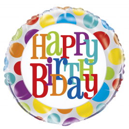 Rainbow Polka Dot Happy Birthday Round Balloon - 18" Inflated
