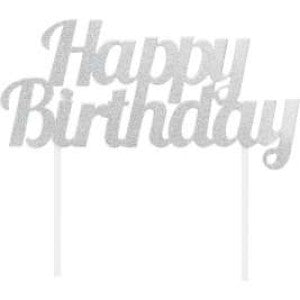 Silver Glitter Happy Birthday Cake Topper